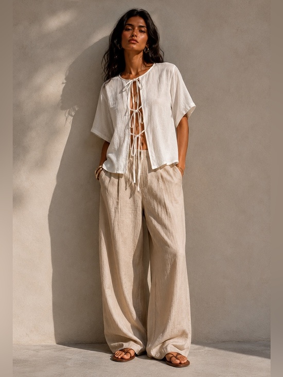 Zara Tops - ZARA Linen Tie Front Blouse White Short Sleeve Top XS